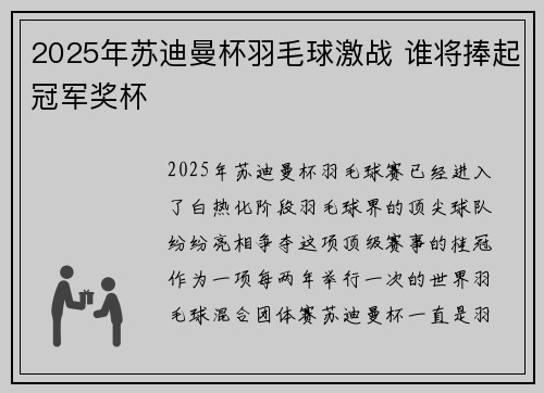 2025年苏迪曼杯羽毛球激战 谁将捧起冠军奖杯