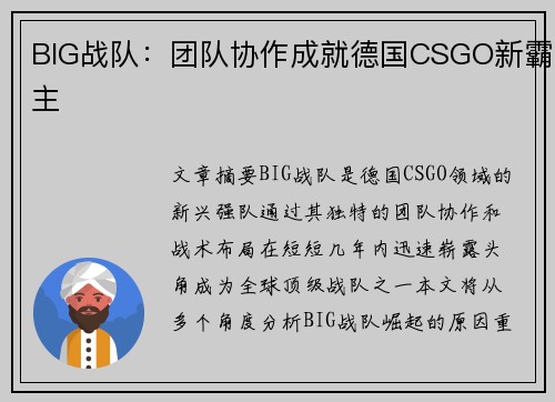 BIG战队：团队协作成就德国CSGO新霸主